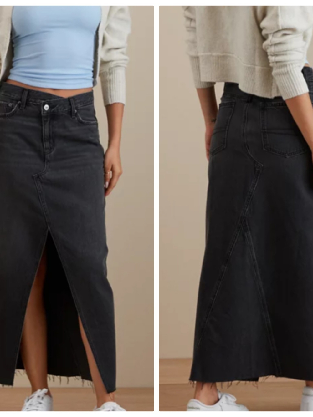 Black Denim Maxi Skirt with Front Slit